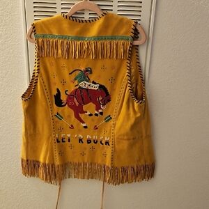 Double D Ranch Leather Mustard Fringe Vest with Embroidered Horse Design